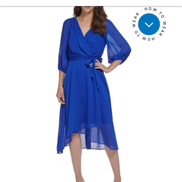 DKNY Women's 3/4 Sleeve Belted Faux Wrap Gown Blue Size 14